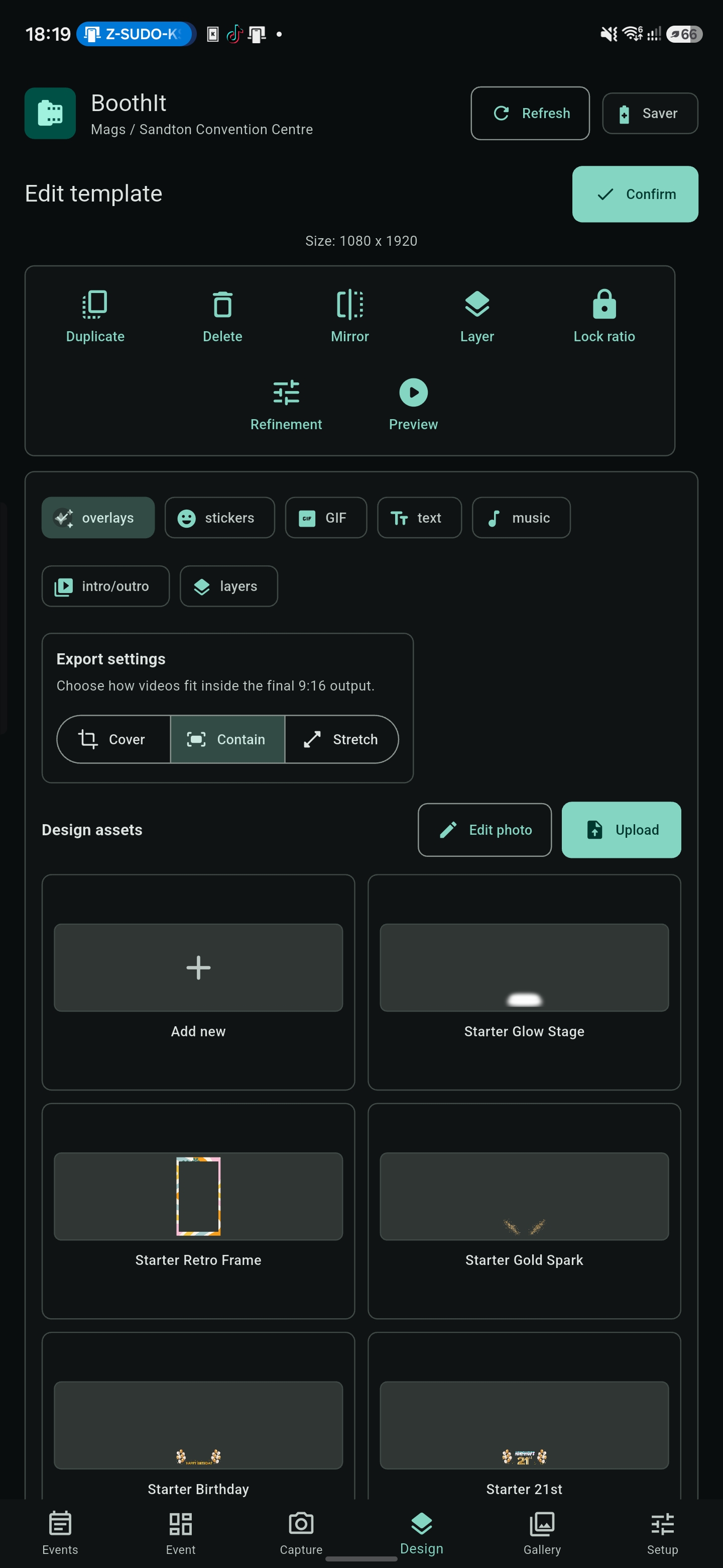 BoothIt edit template screen with export settings and design assets