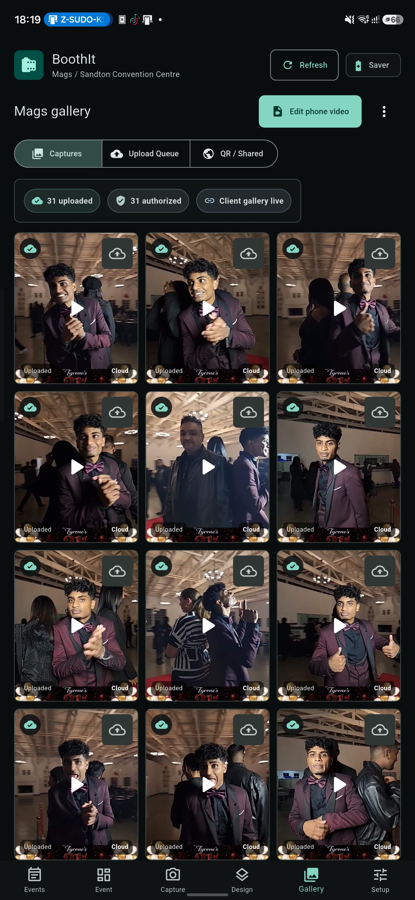 BoothIt gallery screen showing uploaded videos in a 3-column grid