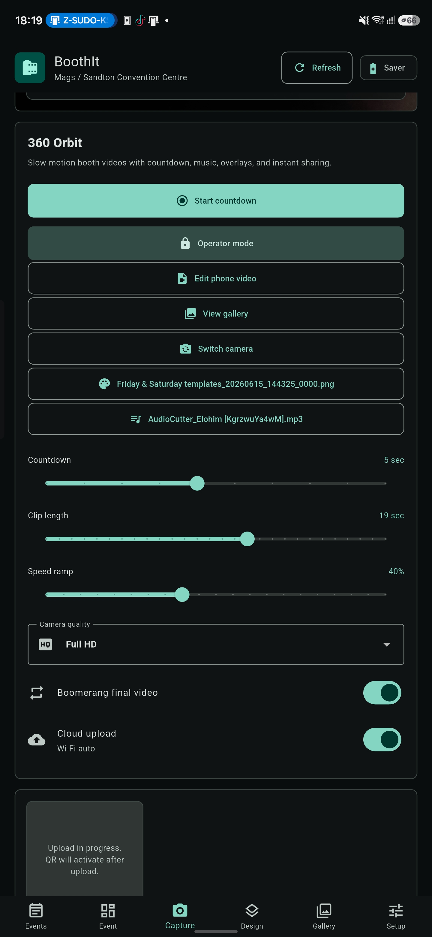 BoothIt orbit settings with countdown and upload controls