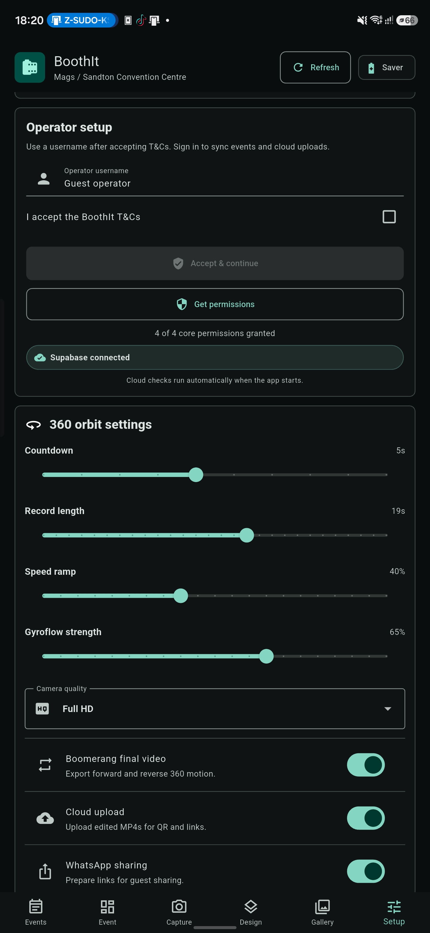BoothIt setup screen with permissions and Supabase connected status